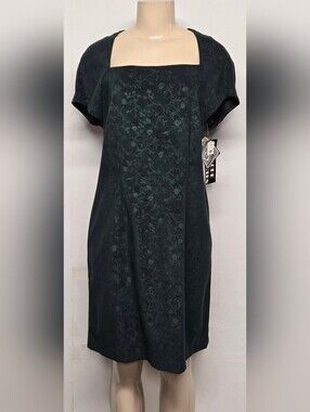 Halmode Petites Vintage Dress 12P Hunter Green Square Neck Short Sleeves 80s